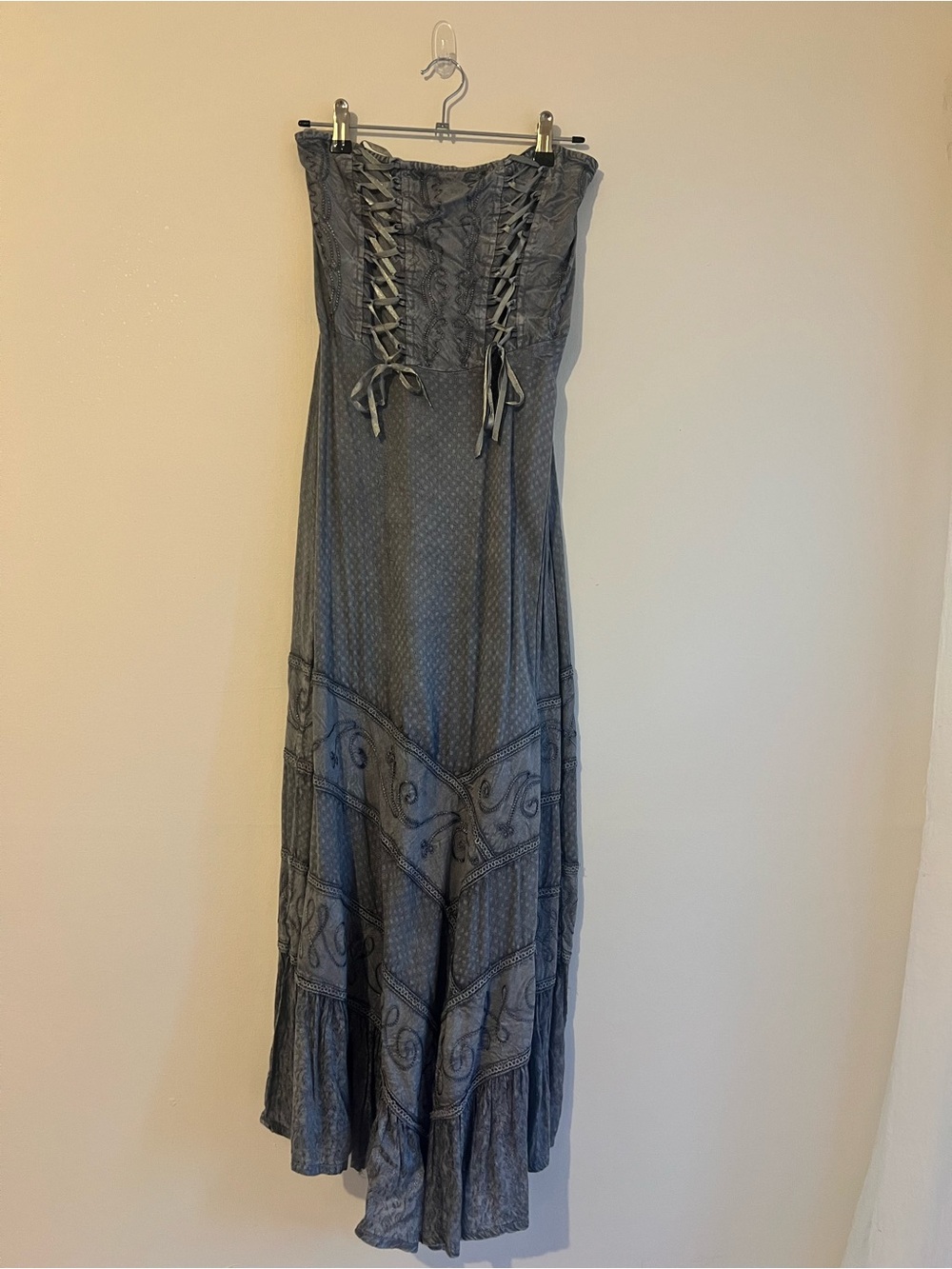 Strapless Scrunch back Lace-Up Midi-Maxi Dress in Slate Gray